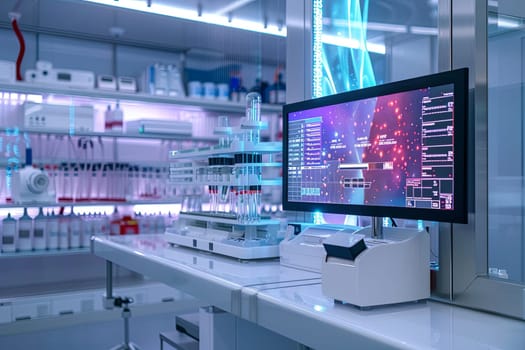 A sterile and modern medical laboratory featuring a high-tech scanner displaying patient data on a large screen, showcasing the use of AI in advanced medical diagnostics.