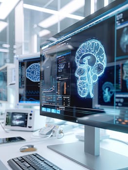 A modern medical laboratory showcasing AI-powered diagnostic tools. A large screen displays a 3D model of a brain, highlighting the use of advanced technology in medical analysis.