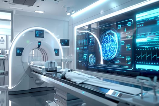 A modern medical laboratory with a high-tech scanner analyzing patient data on a large screen. The scanner is used to diagnose and treat patients.