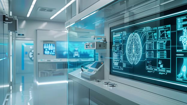 A modern medical laboratory with high-tech equipment, including a large screen displaying AI-powered diagnostic tools analyzing patient data.