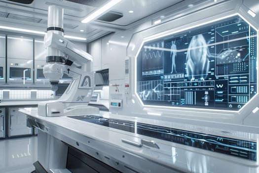 A futuristic medical laboratory with advanced technology, featuring a large screen displaying patient data analyzed by AI-powered diagnostic tools.