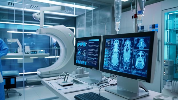 A modern medical laboratory with AI-powered diagnostic tools, featuring a high-tech scanner analyzing patient data on a large screen.