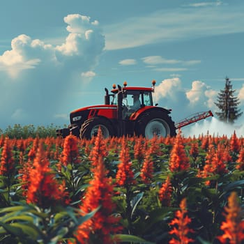 This image shows a red tractor spraying crops in a field on a sunny day.