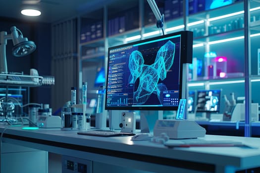 A modern medical laboratory workspace featuring an AI-powered diagnostic tool analyzing patient data on a large screen.