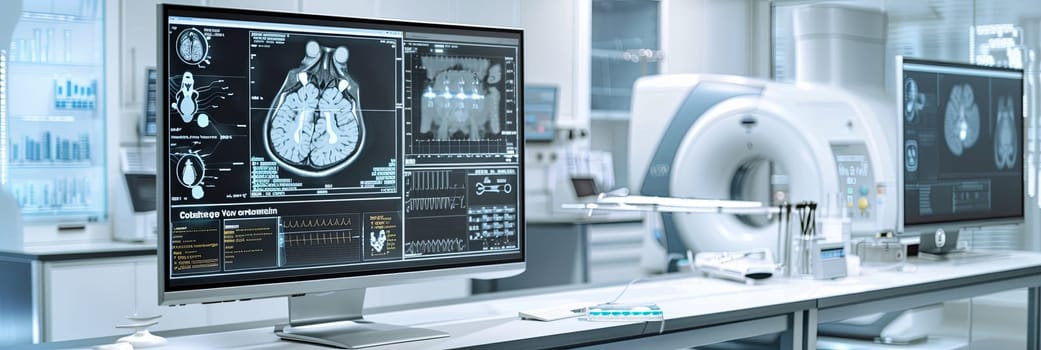 A modern medical laboratory with a large monitor displaying patient data and a high-tech scanner in the background.