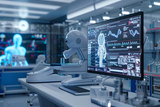 A sterile, advanced medical laboratory showcasing AI-powered diagnostic tools, including a high-tech scanner analyzing patient data on a large screen.