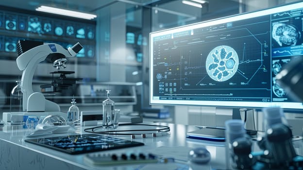 A sterile, high-tech medical lab features a large monitor displaying AI-powered diagnostics, alongside a microscope and other advanced equipment.