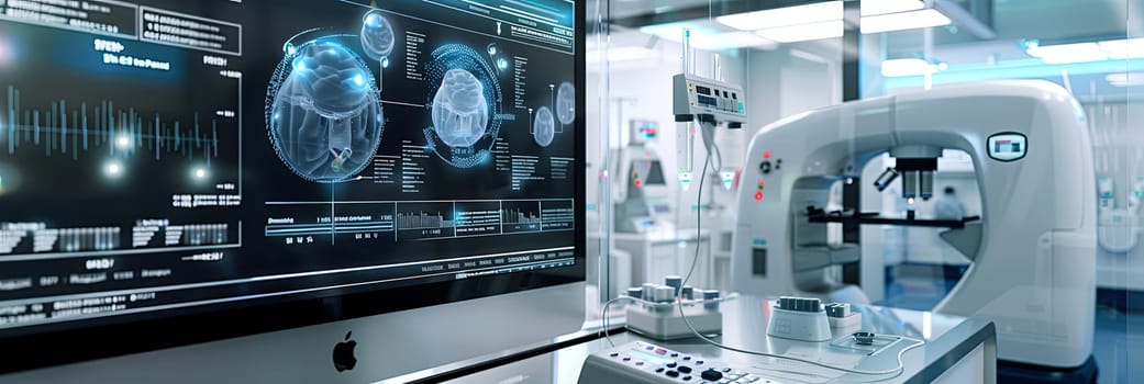 A modern medical laboratory featuring AI-powered diagnostic tools. A high-tech scanner analyzes patient data on a large screen.