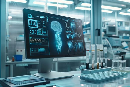 A clean, professional medical laboratory with advanced equipment, featuring an AI-powered diagnostic tool analyzing patient data on a large screen.