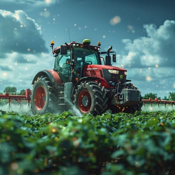 This image shows a red tractor spraying crops in a field on a sunny day.