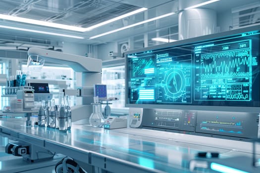 A clean and professional modern medical laboratory with advanced equipment, including a large screen displaying patient data analyzed by AI-powered diagnostic tools.