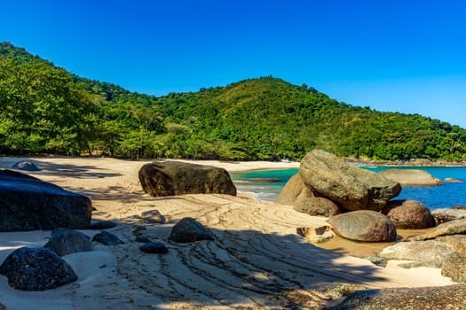 Paradisiacal tropical beach of Indaiauba on the island of Ilhabela