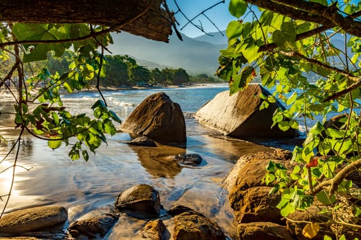 Wild Castelhanos Beach on the island of Ilhabela seen through the vegetation of the surrounding forest