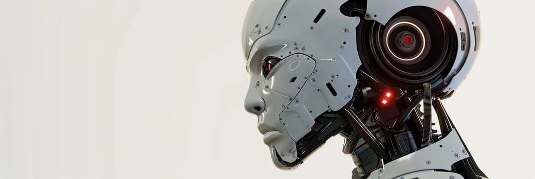 A 3D rendering of an AI robot head, showcasing a detailed digital graphic brain engine, isolated on a white background.