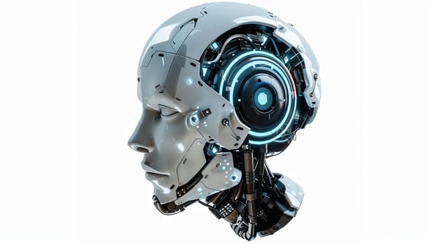 3D rendering of an AI robot head with a digital brain engine visible inside. The robot is isolated on a white background with a clipping path.