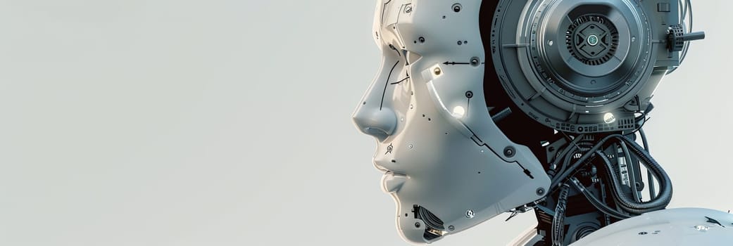 3D rendered image of an AI robot head with a visible digital graphic brain engine, isolated on a white background.