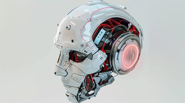 A white AI robot head with a digital brain engine inside, isolated on a white background. 3D rendering showcases futuristic design.