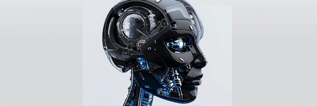 A 3D rendering of an AI robot head with a visible brain engine. The head is isolated on a white background with a clipping path.