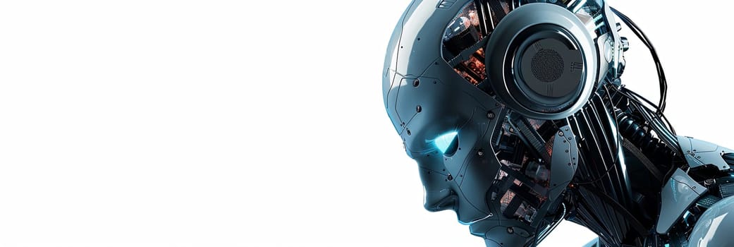 A 3D rendering of a robotic head with a digital brain engine inside, isolated on a white background.