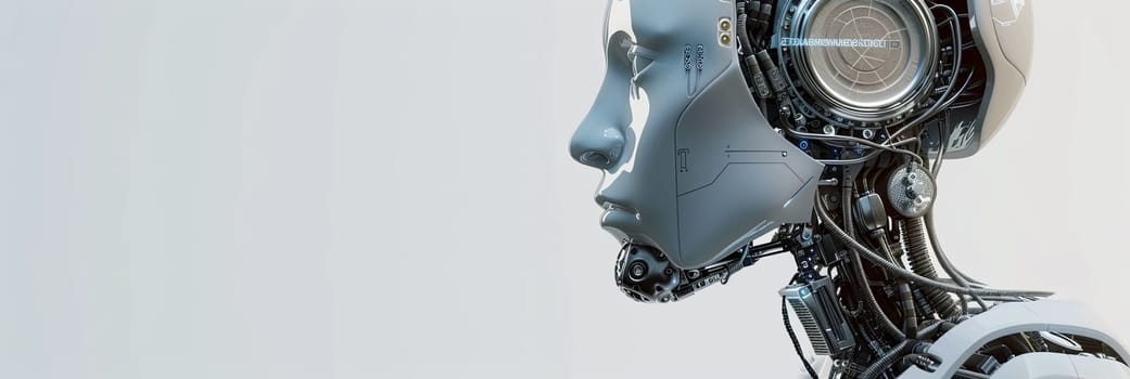 A 3D rendering of an AI robot head with a visible digital graphic brain engine, isolated on a white background.