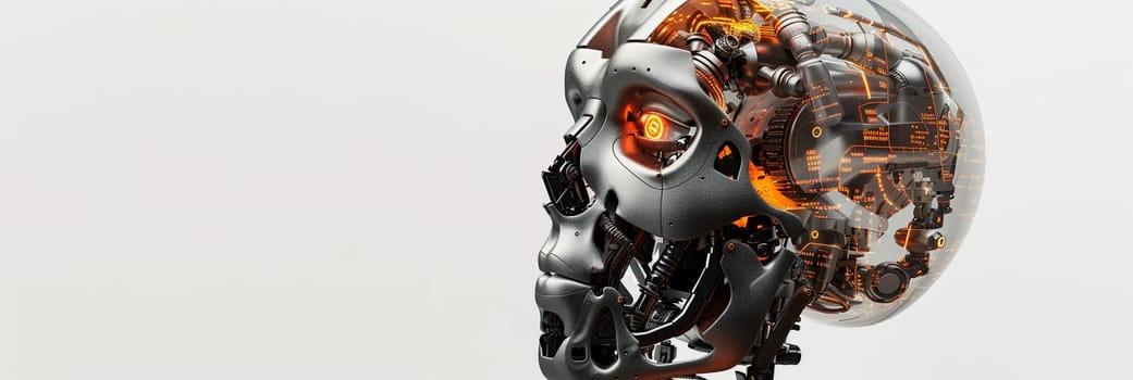 A 3D rendering of an AI robot head, isolated on a white background, featuring a digital brain engine and glowing orange eye.