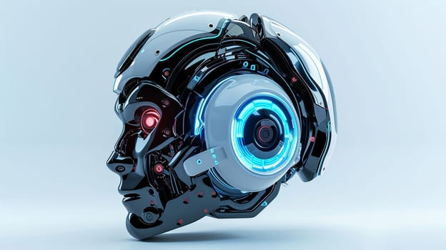 A 3D rendering of an artificial intelligence robot head with a digital brain engine, isolated on a white background. The head is black and white with glowing blue and red lights.