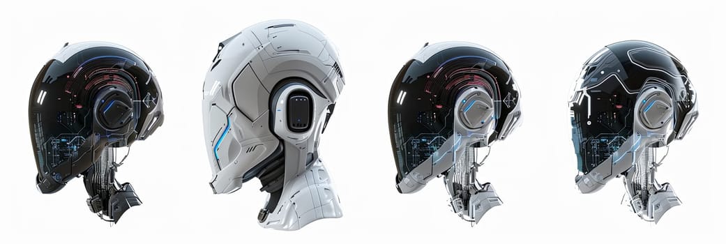 A 3D rendering of a futuristic robot head with a visible digital brain engine. The head is isolated on a white background and is shown from four different angles.