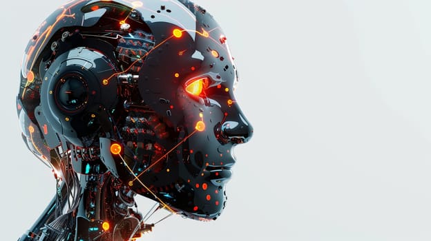 A 3D rendered image of an AI robot head isolated on a white background. The robot has a digital graphic brain engine with glowing lights inside and red eyes.