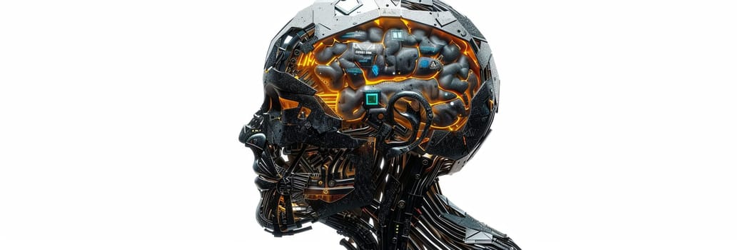 A 3D rendering of an AI robot head with a digital brain engine, isolated on a white background with a clipping path.