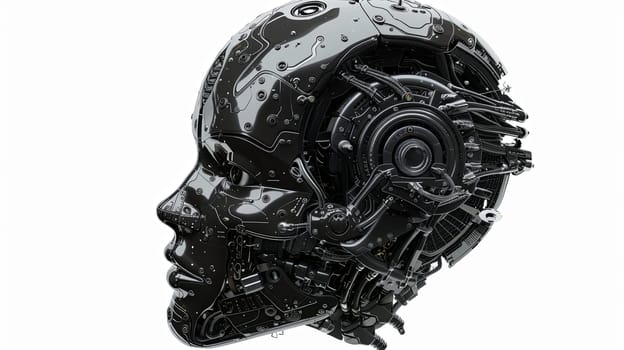 A 3D rendering of an AI robot head with a digital graphic brain engine inside, isolated on a white background with clipping path.