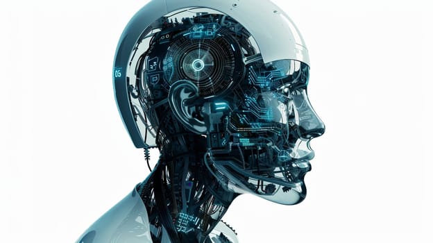 A 3D rendering of an AI robot head with a transparent digital brain engine. The robots head is white and the brain is blue with glowing digital components.