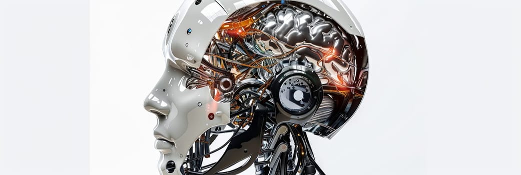 A 3D rendering of an AI robot head with a digital brain engine, isolated on a white background.