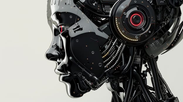 3D rendering of a black AI robot head with a digital brain engine. Isolated on a white background with clipping path.