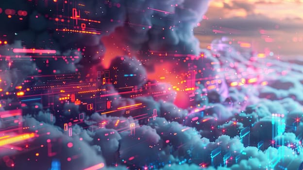 A digital visualization of cloud computing, featuring data processing and AI operations in a colorful and abstract cloud environment.