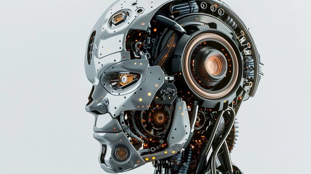 A 3D rendering of an AI robot head with its internal digital brain engine exposed, isolated on a white background.