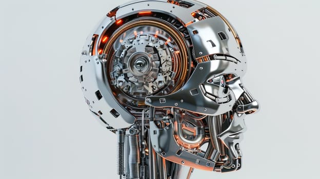 A close-up 3D render of a chrome robot head with a visible digital brain engine, isolated on a white background.