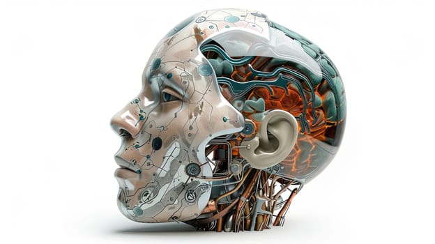 A 3D rendering of an AI robot head with a digital graphic brain engine visible inside. Isolated on a white background with clipping path.