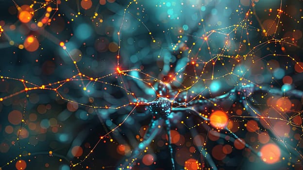 Digital illustration showing intricate neural network nodes and connections, highlighting AI’s data processing and learning capabilities.