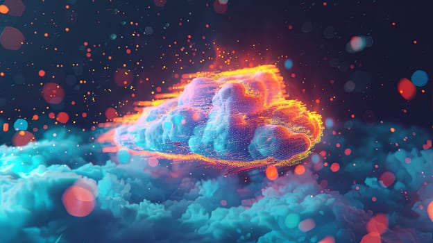 An abstract digital illustration depicting cloud computing with digital elements representing data processing and AI operations in the cloud.