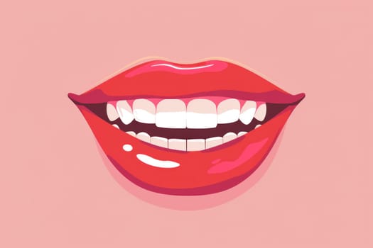 Beauty and confidence closeup of woman's mouth with white teeth and red lips on pink background