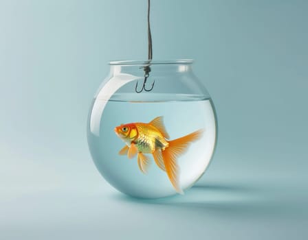 Goldfish in bowl with hook captivity and freedom, contrasting elements of nature and travel