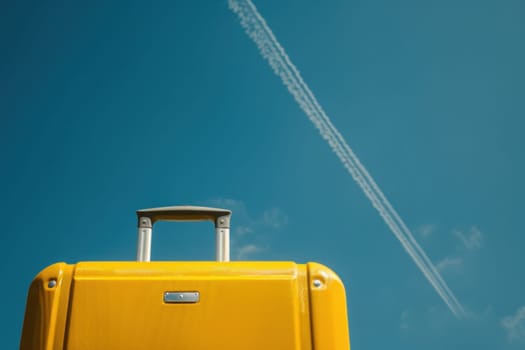 Exploring the world vibrant yellow suitcase soaring through clear blue sky with contrail background