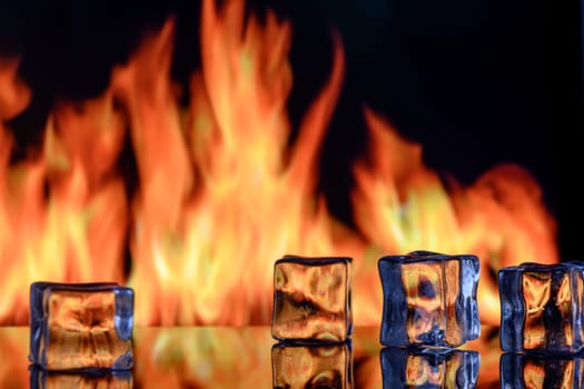 studio photography of a burning ice crystal and smoke in black reflective back 5