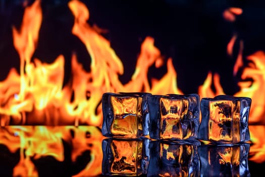 studio photography of a burning ice crystal and smoke in black reflective back 6