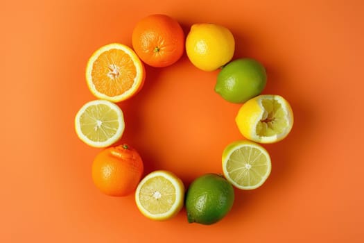 Citrus fruits arranged in the shape of an o on an orange background fresh and vibrant fruit composition for healthy lifestyle and nutrition concept