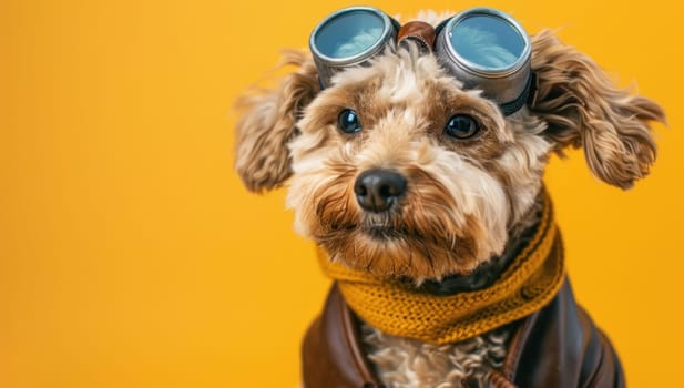 Adorable puppy with goggles and scarf on yellow background with puppy and puppy dog eyes text for pet fashion and travel concept