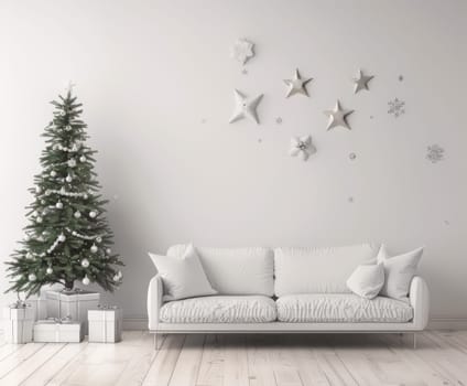Christmasthemed living room interior with white sofa, tree, wooden floor, and cozy atmosphere