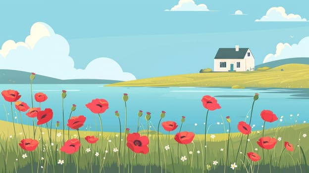 Tranquil house with poppies overlooking lake and field in nature landscape setting for travel and relaxation concept
