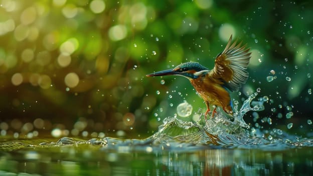 Kingfisher taking flight graceful water droplets on wings in nature wildlife scene