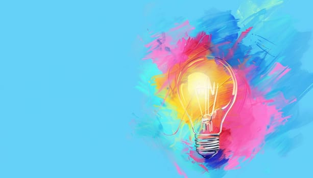 Abstract painting of lightbulb on blue background with paint splatters artistic representation of innovation and creativity